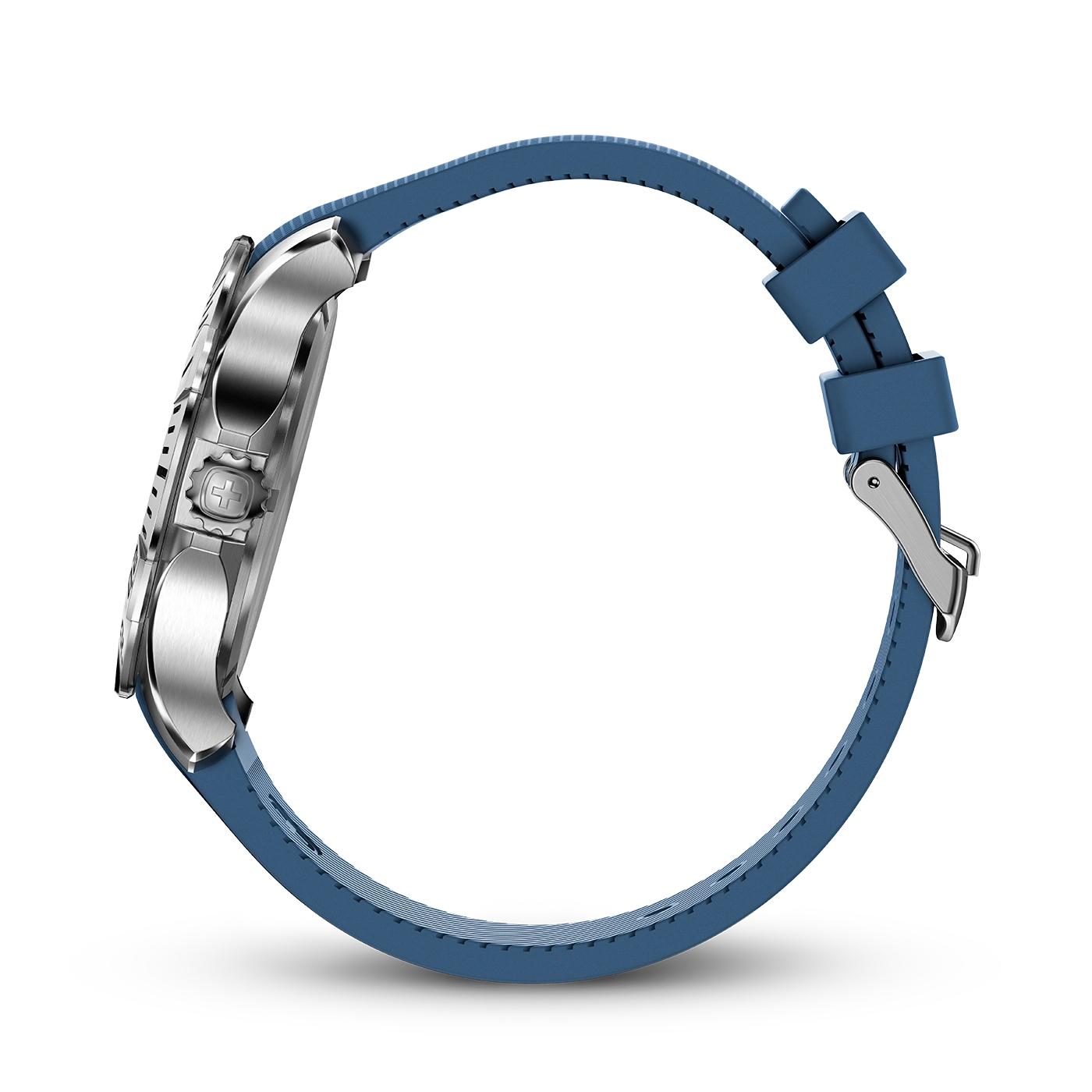 Blue watch with silver case and strap, side view, close-up shot, elegant design
