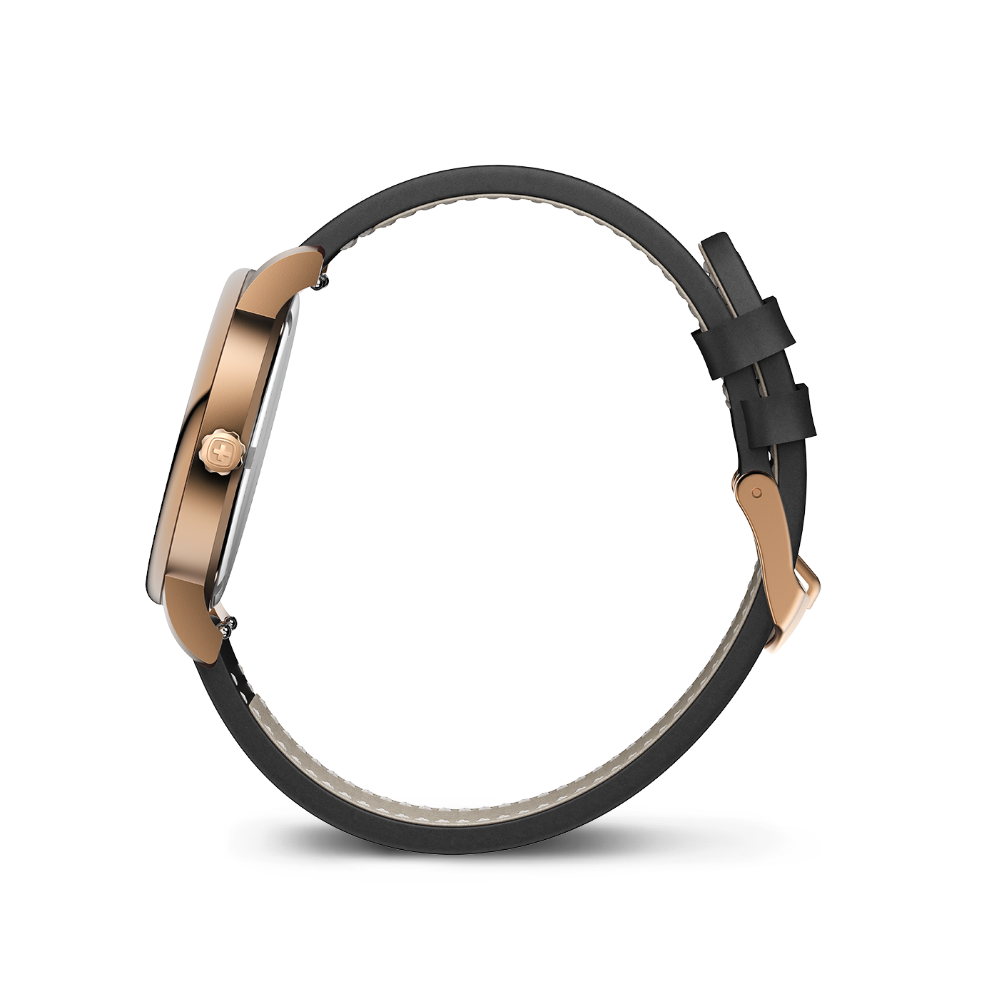 Schwarzes Lederarmbanduhr mit roségoldfarbenem Gehäuse