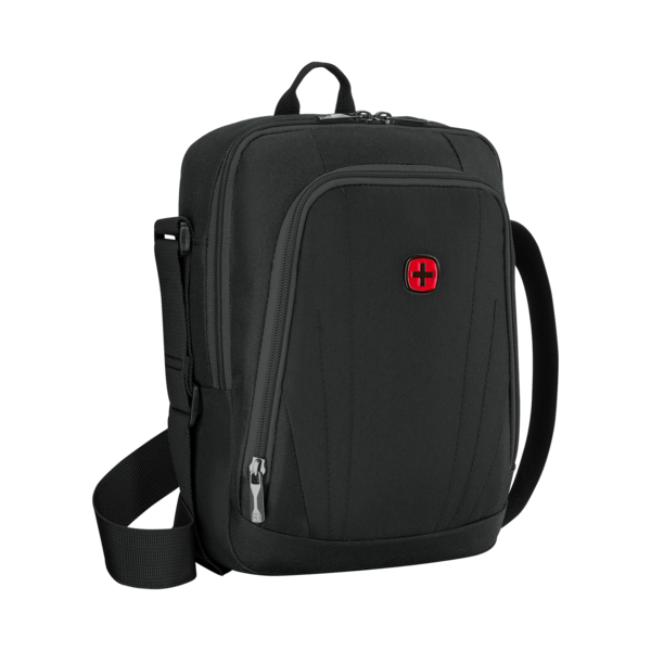 Schwarze Umhängetasche mit rotem Kreuz-Logo und Reißverschluss