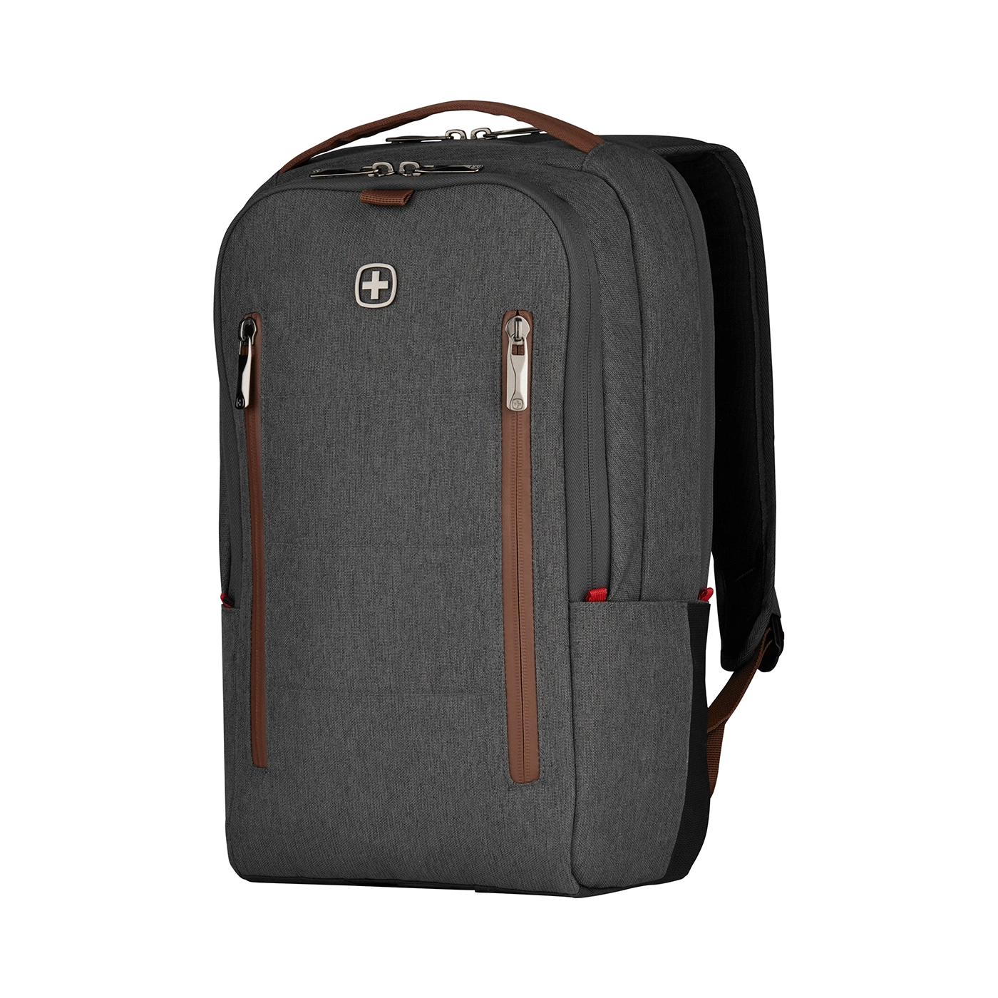Gray backpack with brown accents and a Swiss cross logo
