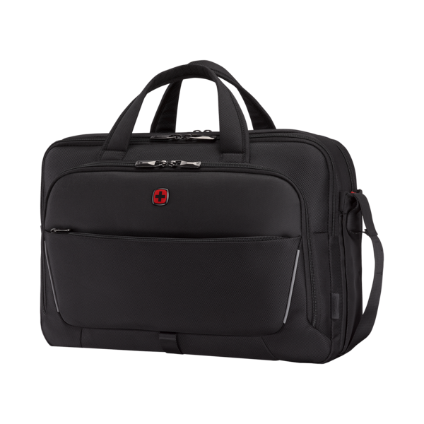Schwarze Aktentasche mit Griffen und Schulterriemen, Schweizer Kreuz Logo