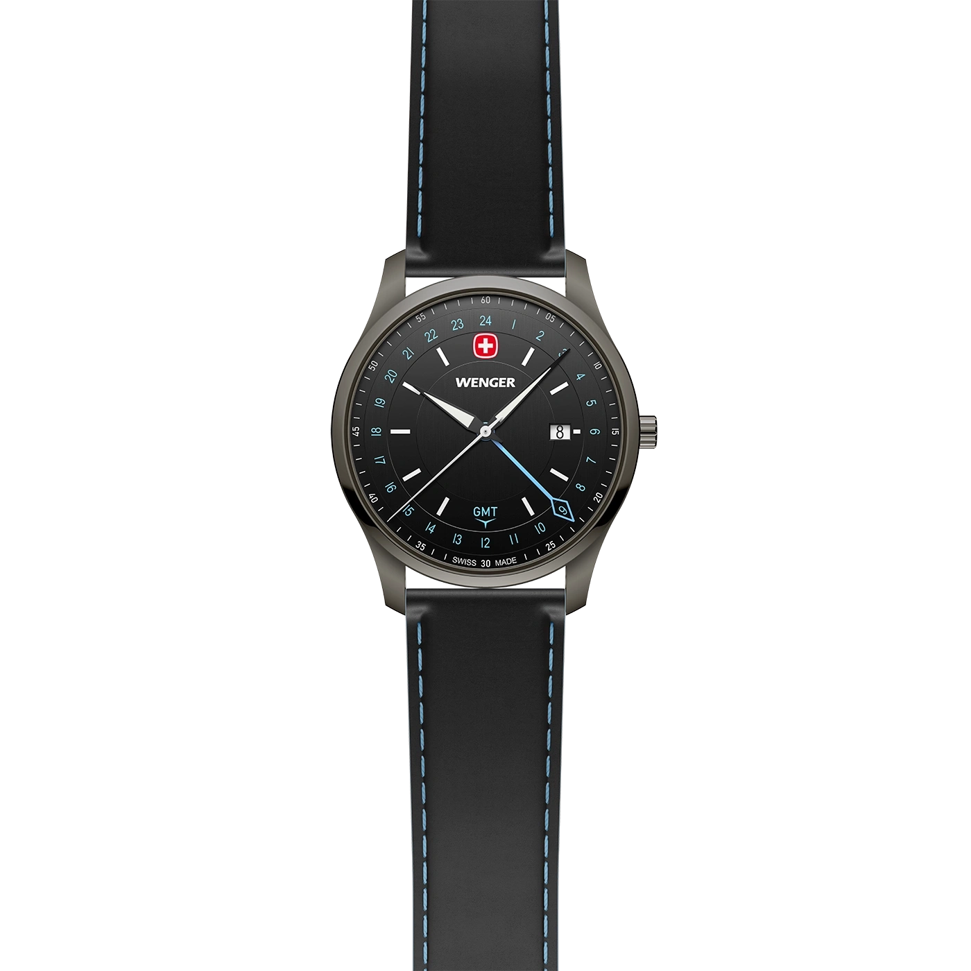 Une montre Wenger noire avec coutures bleues et fonction GMT.