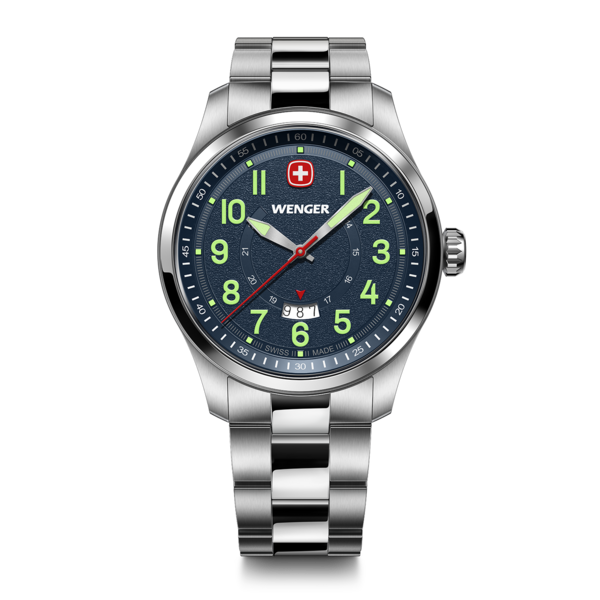 Wenger Uhr mit blauem Zifferblatt und silbernem Armband, Schweizer Qualität.