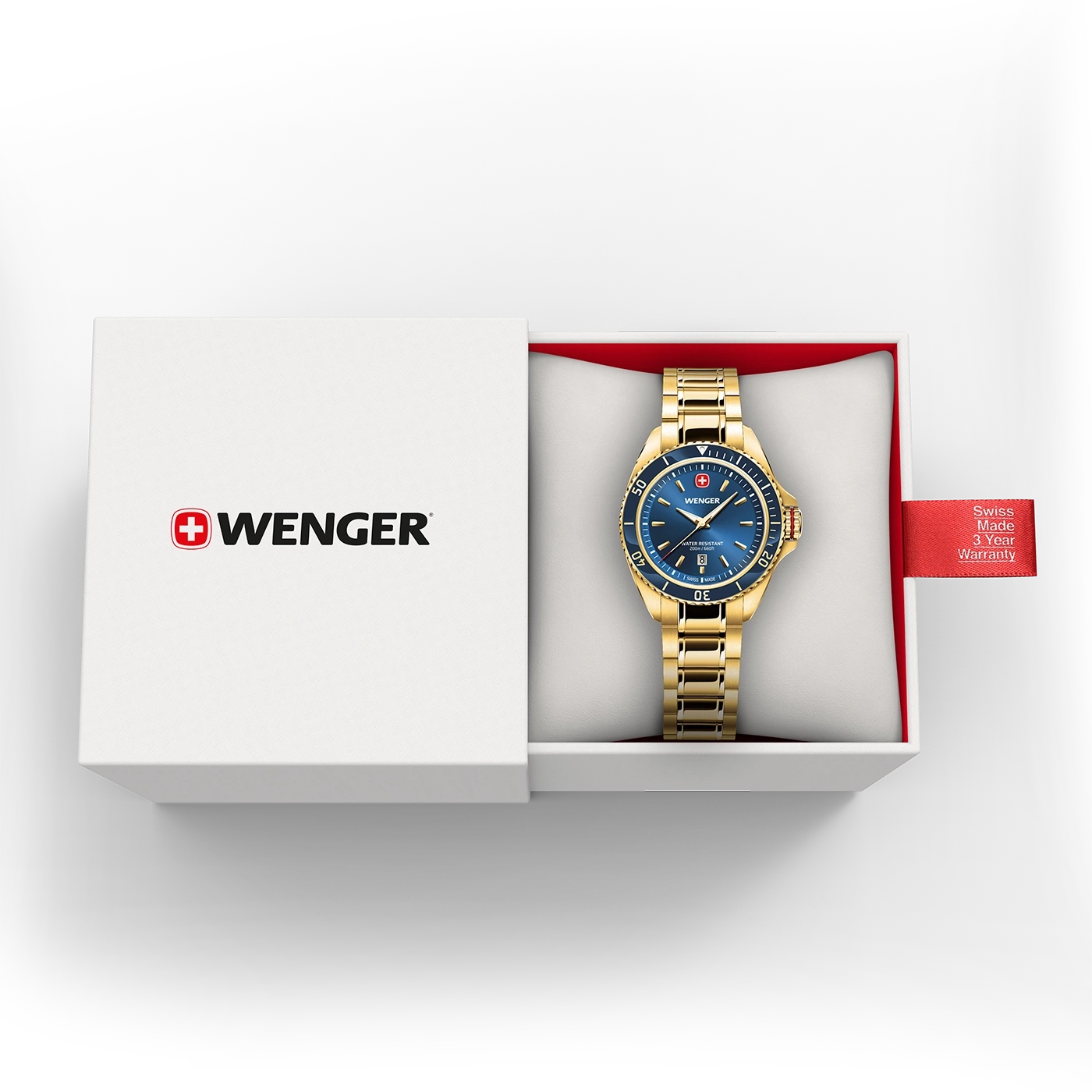 Eine goldene Wenger-Uhr in einer weißen Schachtel mit Garantie-Etikett.
