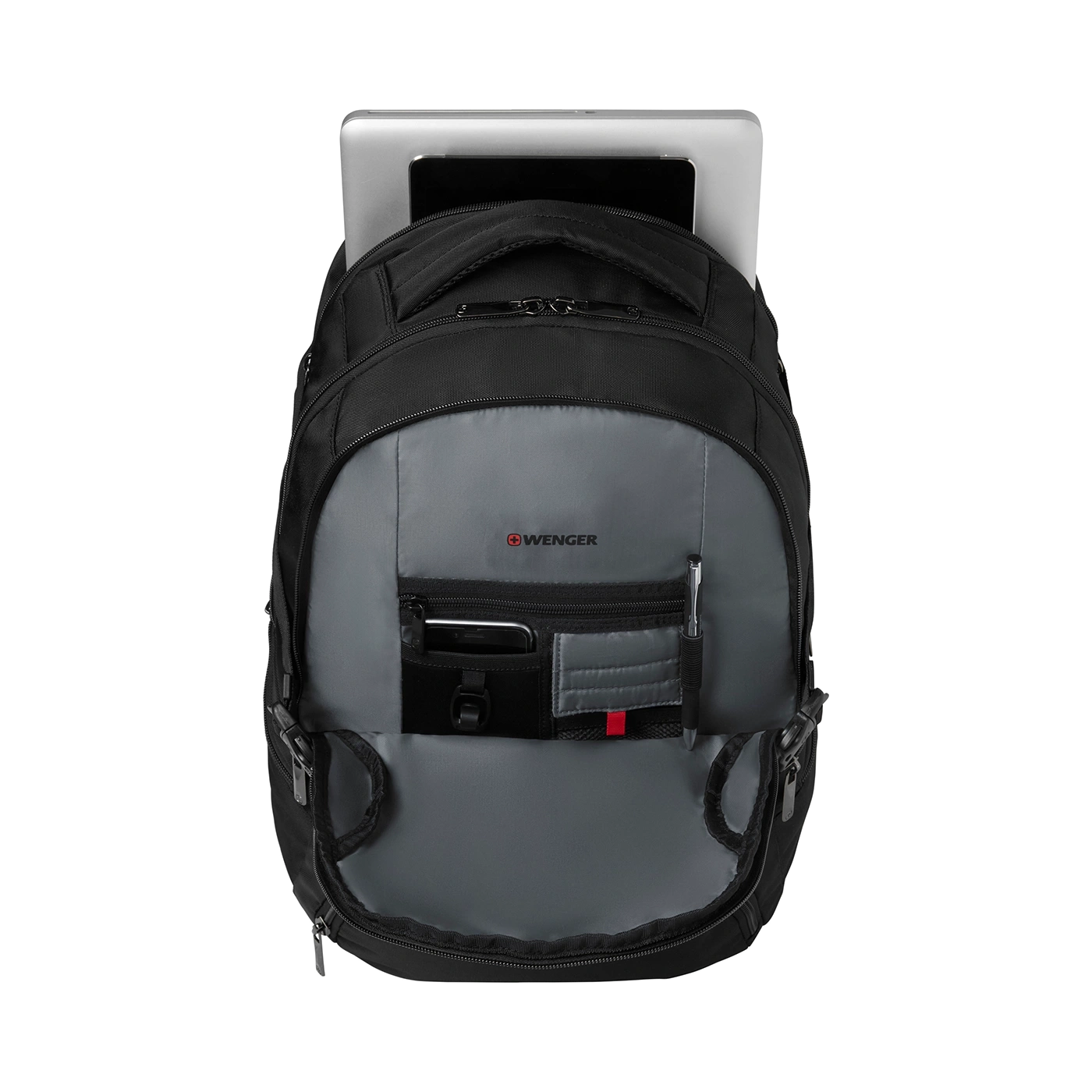 Black backpack with tablet and pen holder, Wenger logo visible inside
