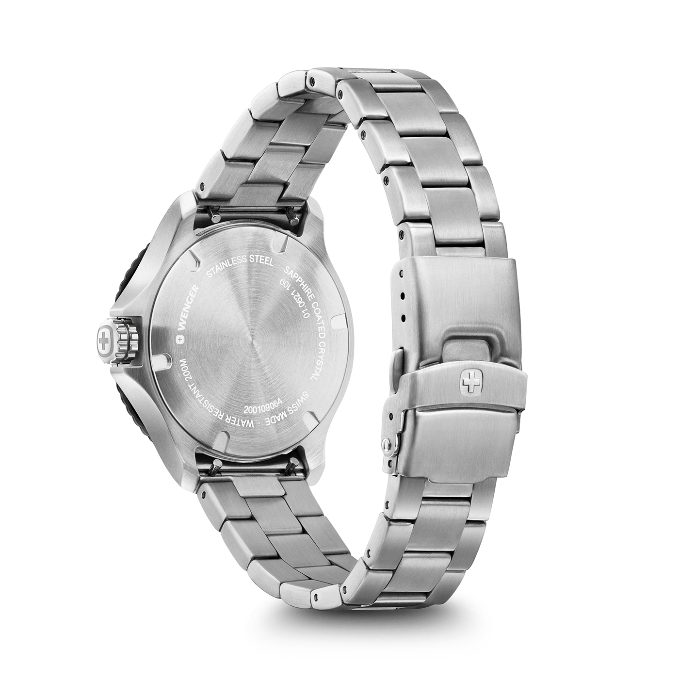 Wenger watch, stainless steel, water resistant, sapphire crystal, Swiss Made, 200M, bracelet