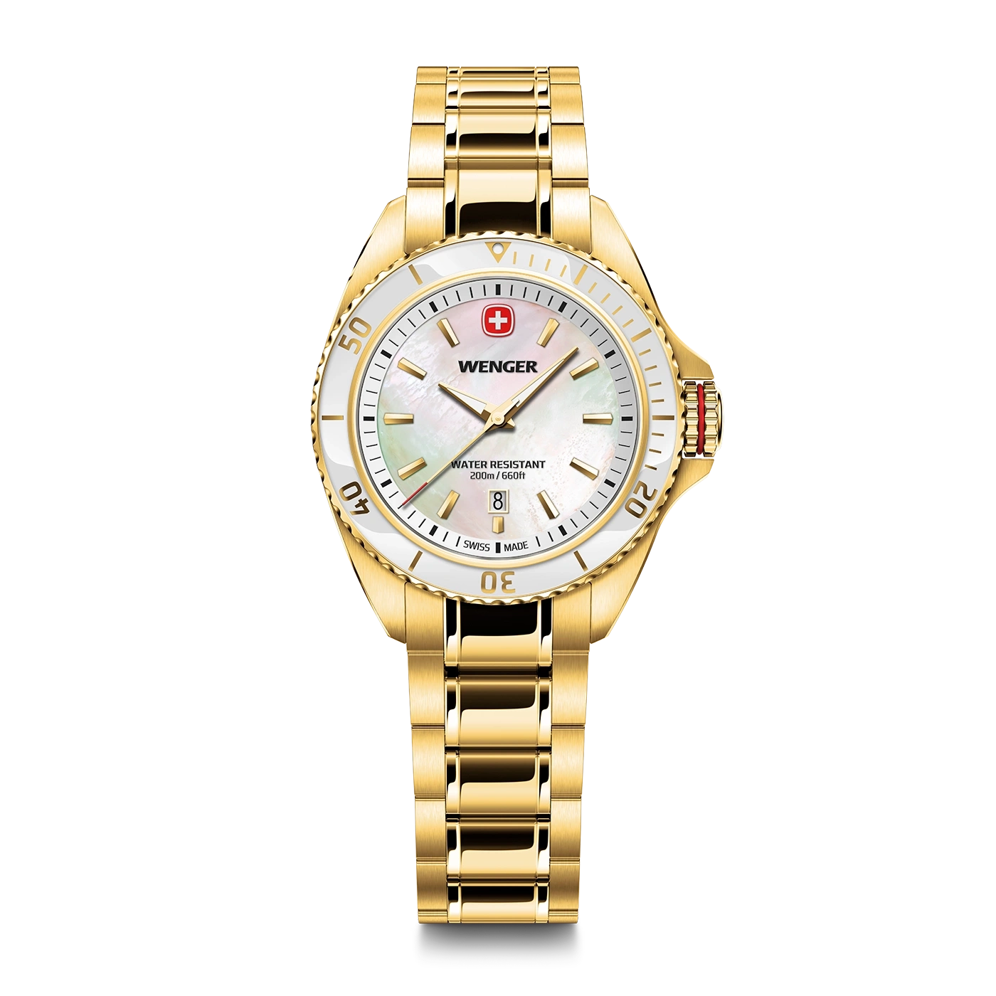 Damenuhr gold-weiss Ø 34 mm Elegante Quarzuhr, hergestellt in der Schweiz