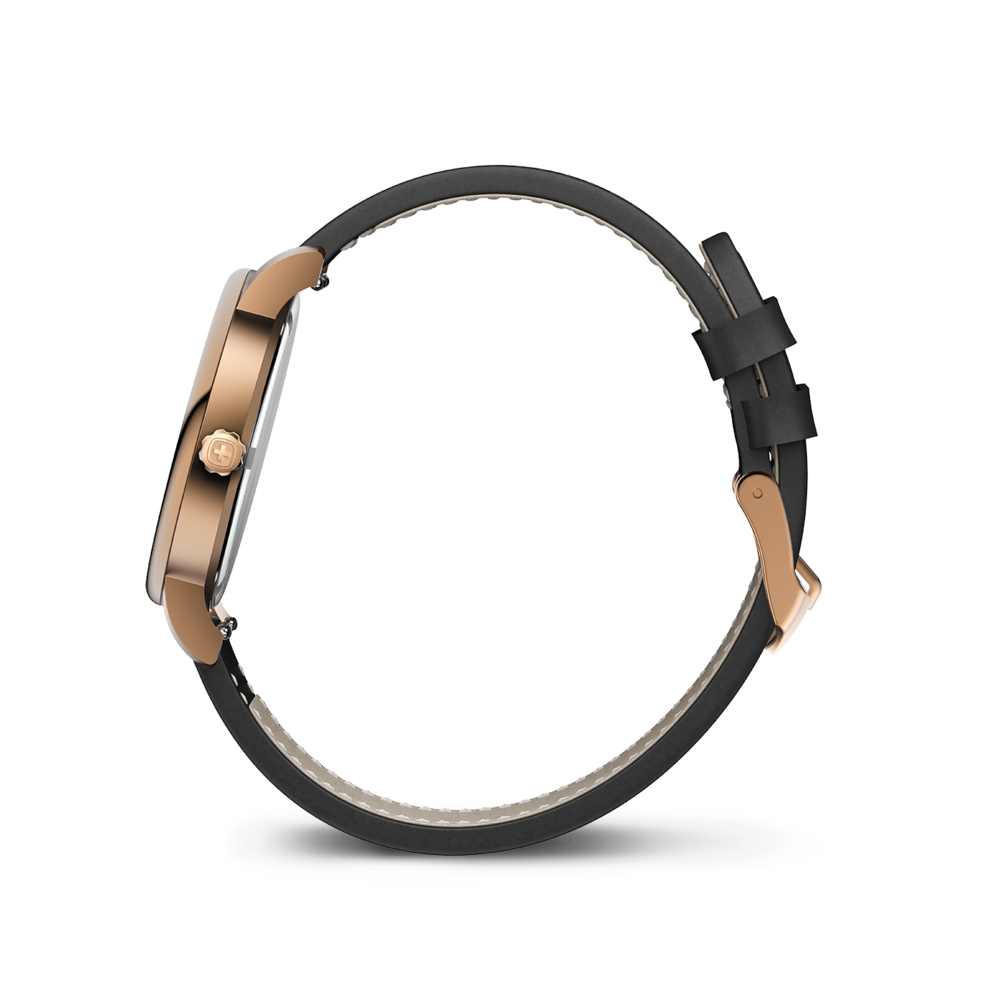 Schwarzes Lederarmbanduhr mit roségoldfarbenem Gehäuse