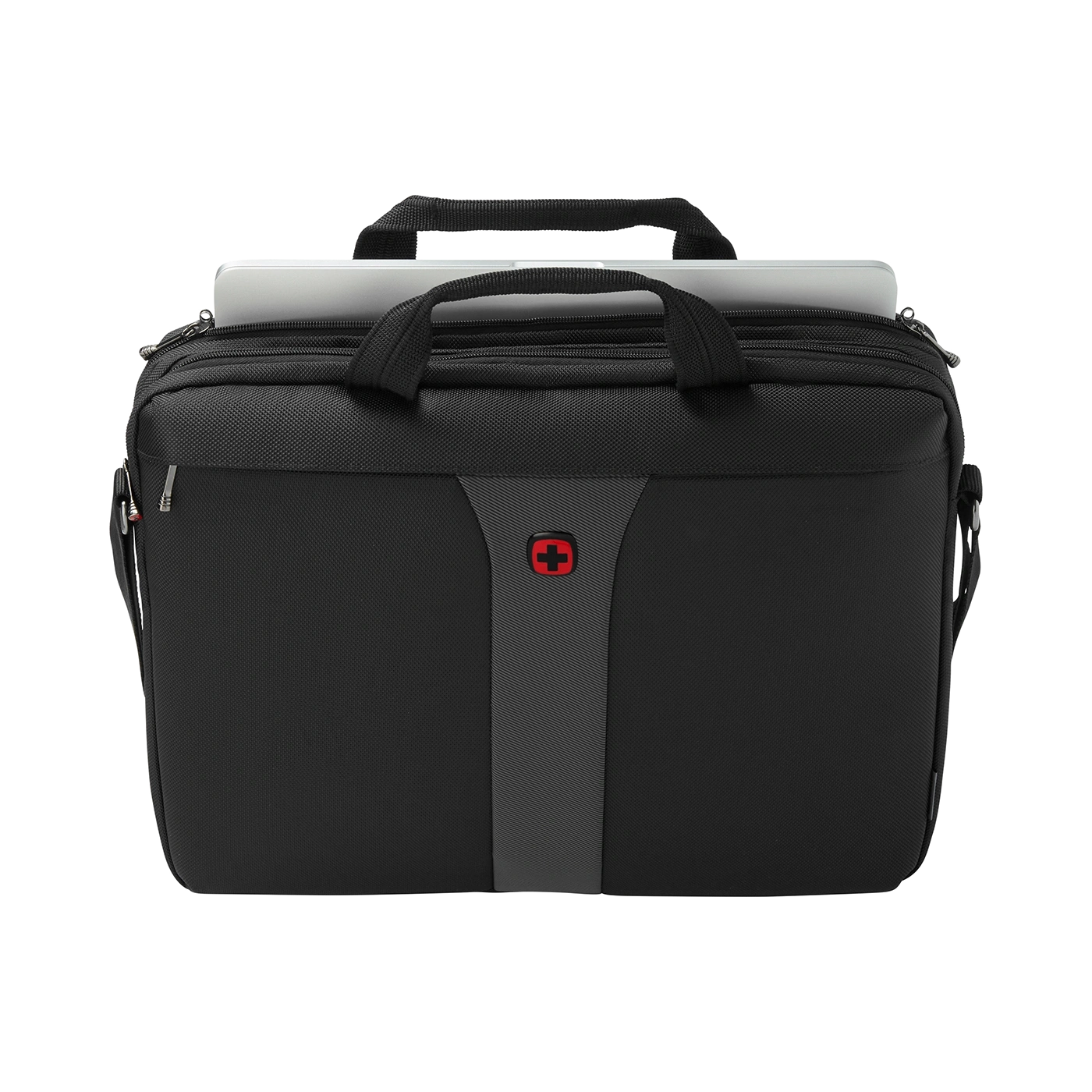 Black laptop bag with red logo and laptop. Handbag for carrying and transport.
