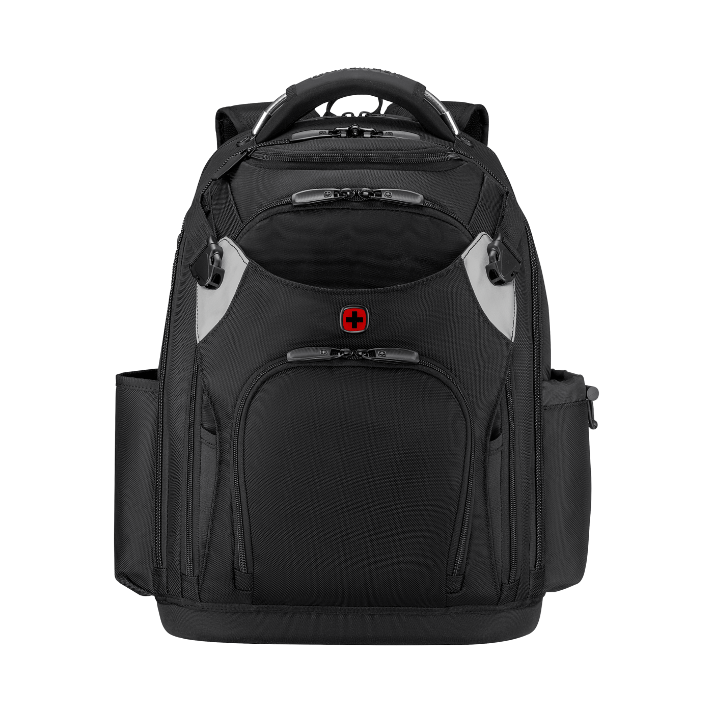 Black backpack with red cross logo and practical side pockets.