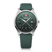 Herrenuhr silber-grün Ø 42 mm Quarzuhr mit GMT-Funktion, hergestellt in der Schweiz
