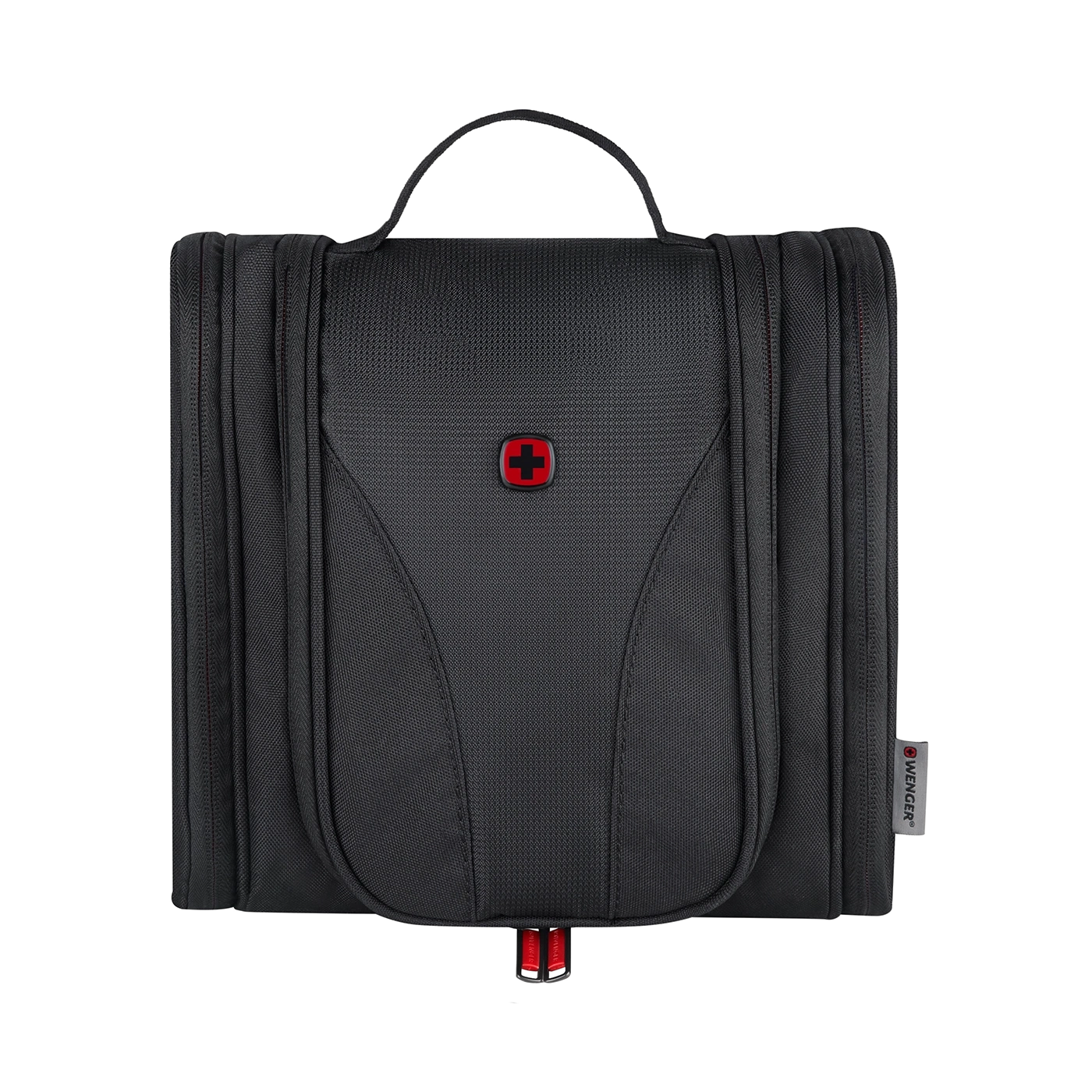 Black toiletry bag with red cross and handle, by Wenger.