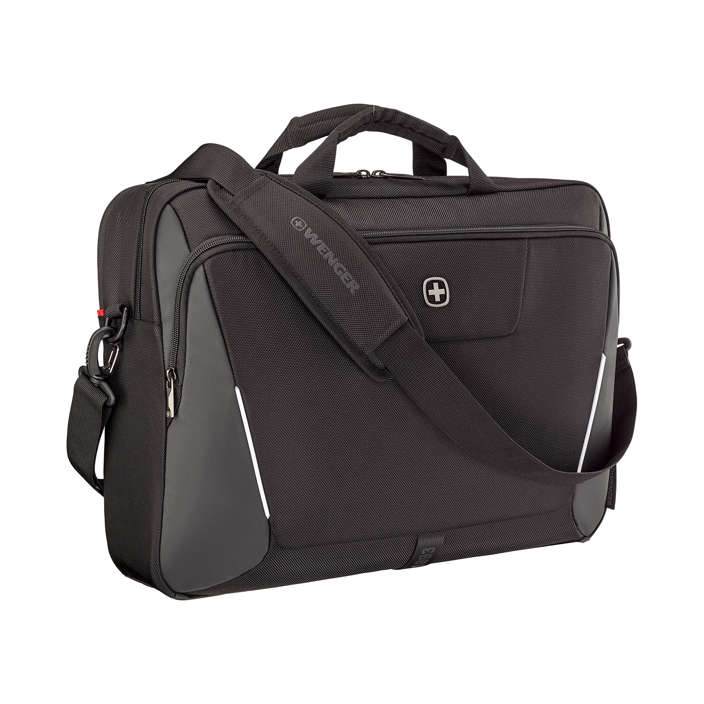 Schwarze Laptoptasche von Wenger mit Schultergurt und Griff, isoliert