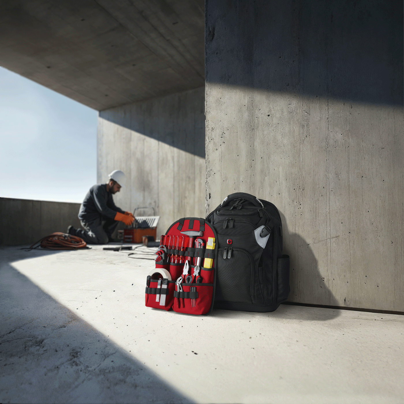 A man in orange gear kneels beside tool bags and backpacks on a concrete surface.
