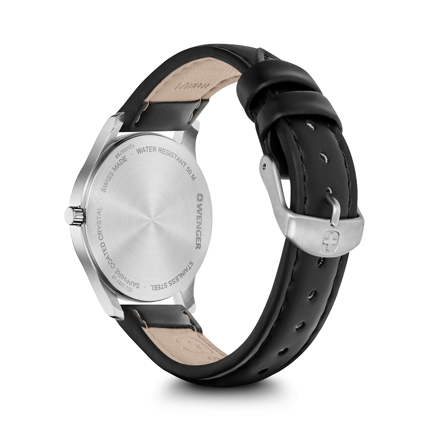 Wenger Uhr, Edelstahl, Saphirglas, wasserdicht 50m, Swiss Made, schwarzes Lederarmband.