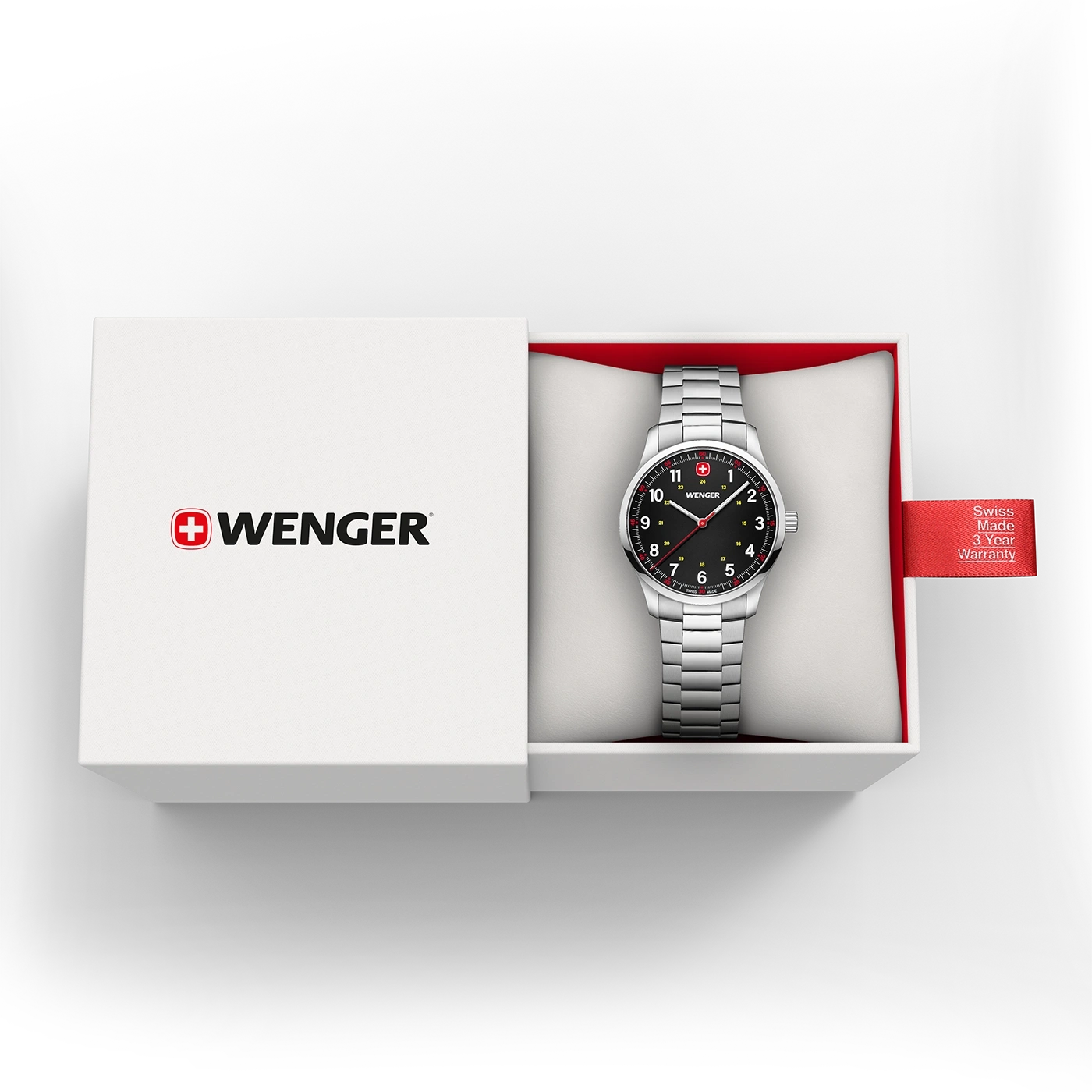 Wenger Uhr in einer Box, Swiss Made, 3 Jahre Garantie, schwarzes Zifferblatt