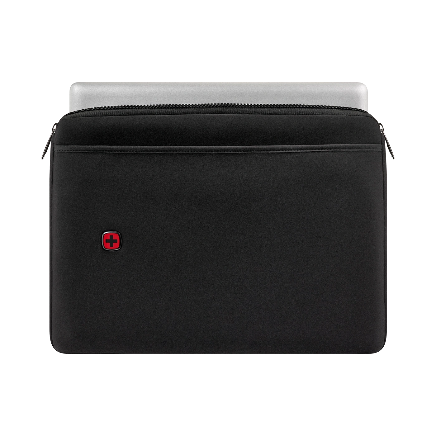 Black laptop sleeve with red logo, zipper, and a laptop inside the case.
