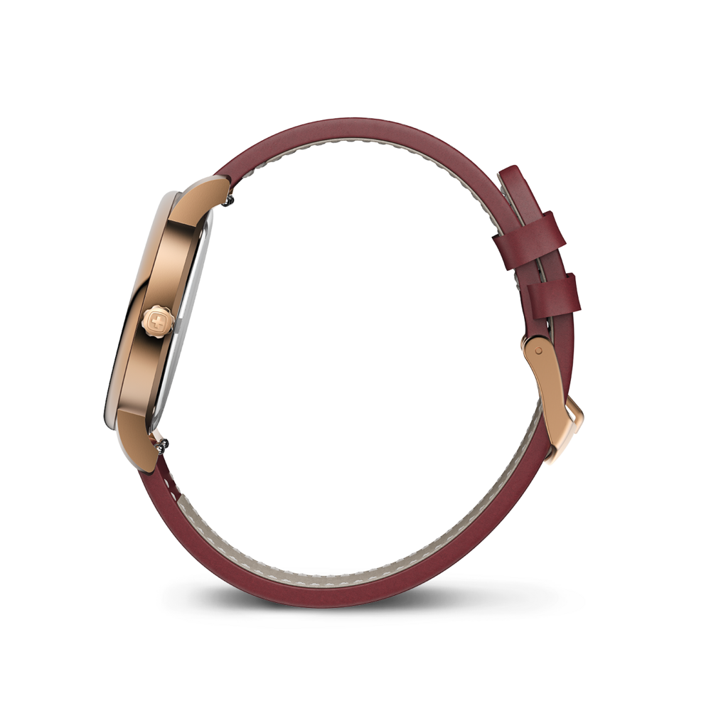 Une montre en or rose avec un bracelet en cuir rouge vue de côté.