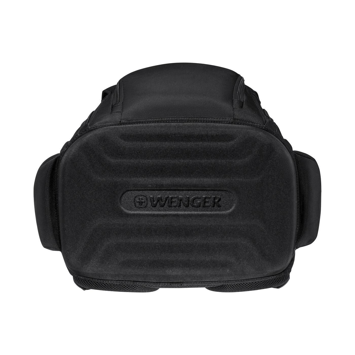 Schwarzer Wenger Rucksack von oben, mit gepolsterter Front und Seitentaschen.