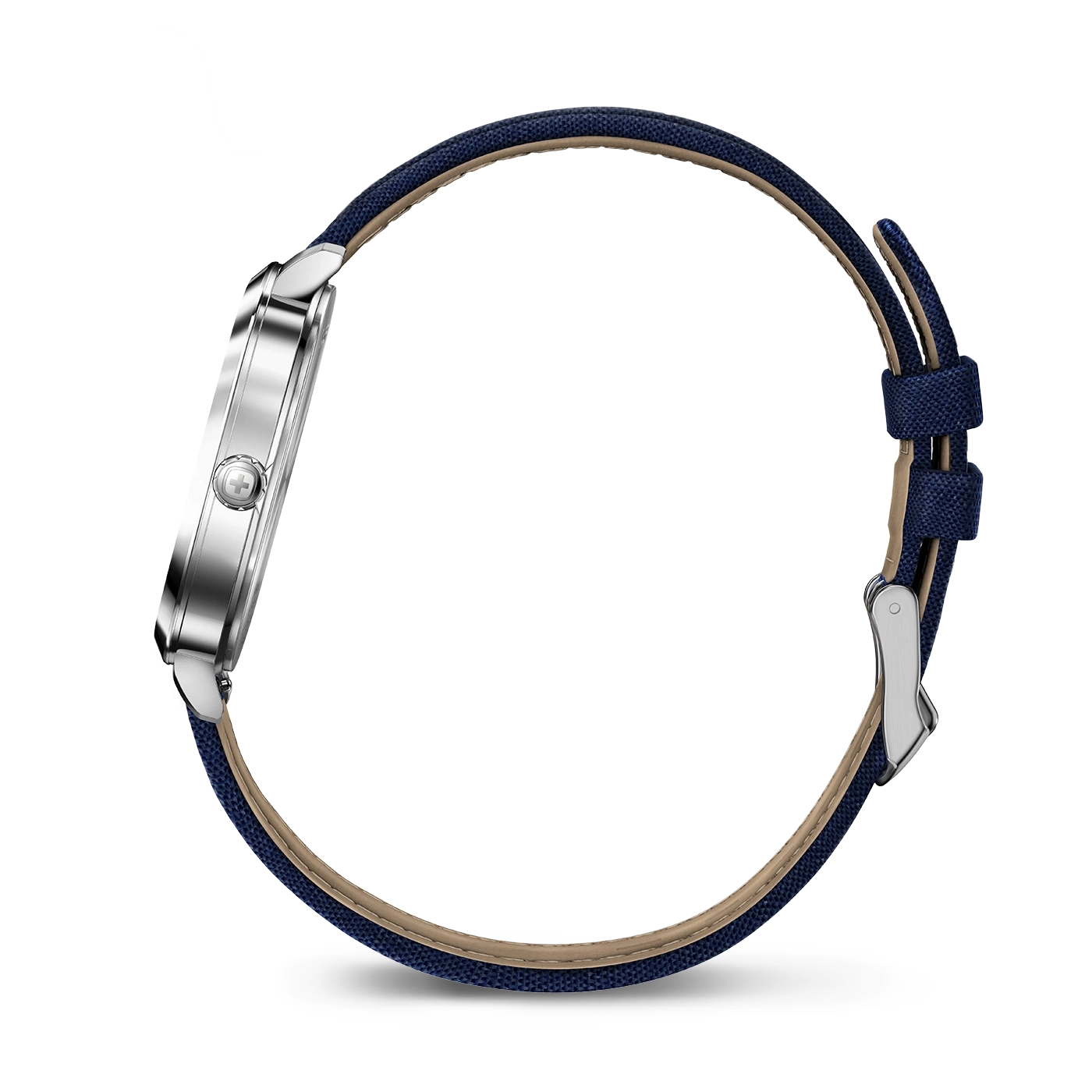 Uhr mit blauem Stoffarmband und silbernem Gehäuse, Nahaufnahme