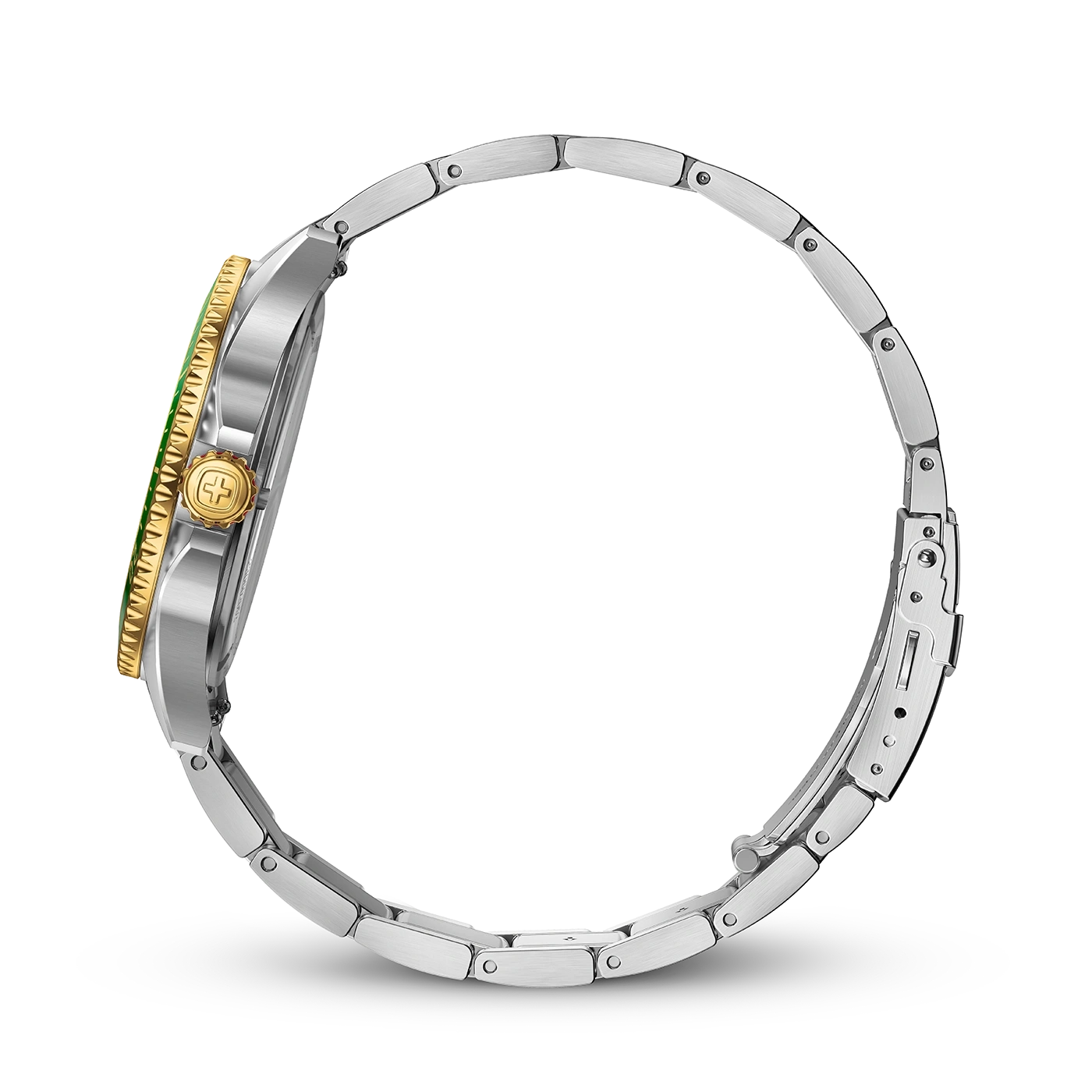 Uhr mit goldenen und silbernen Details, grünem Zifferblatt und Armband
