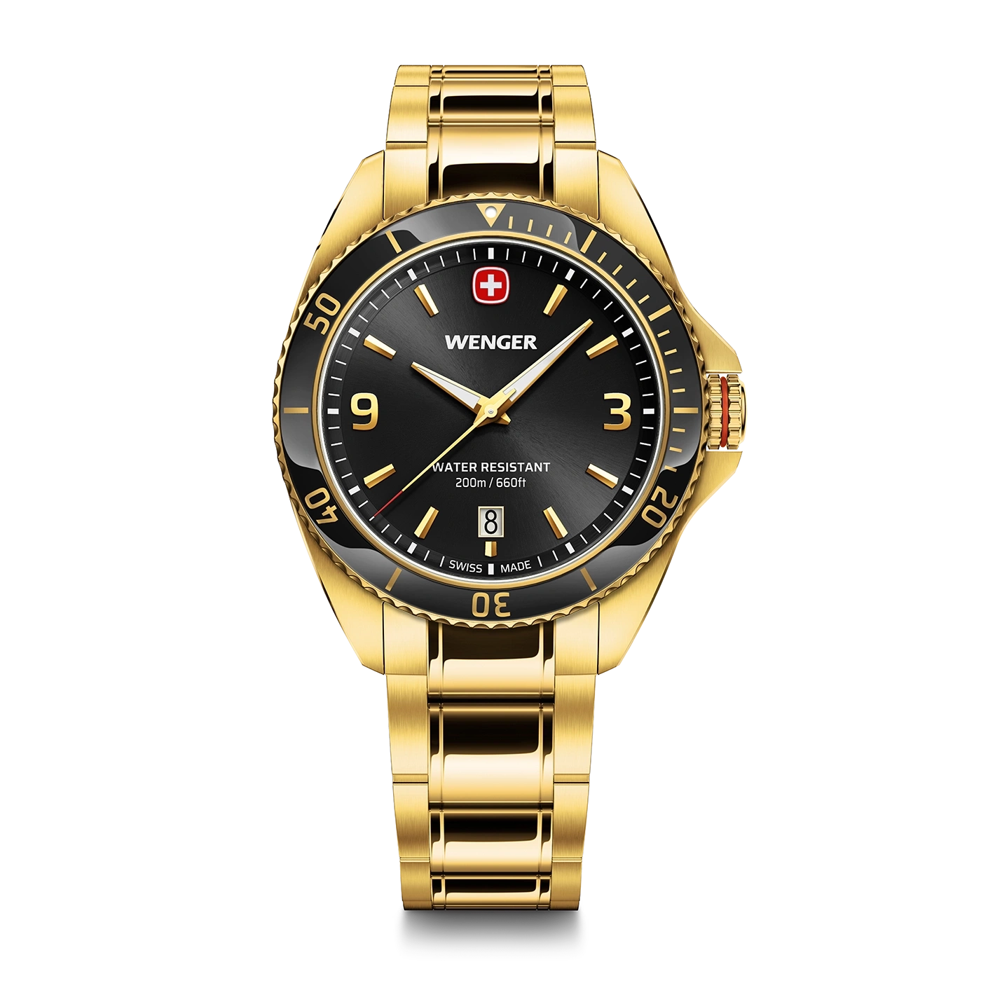 Gold Wenger watch with black dial, date display, and Swiss made