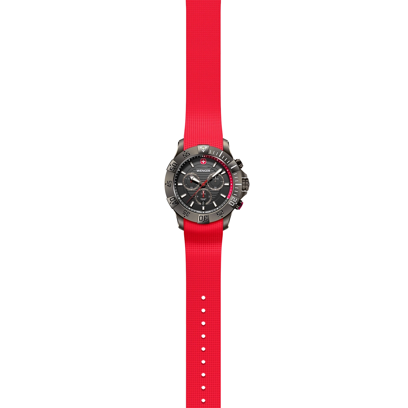 Wenger watch with red strap, black dial, and silver case, isolated