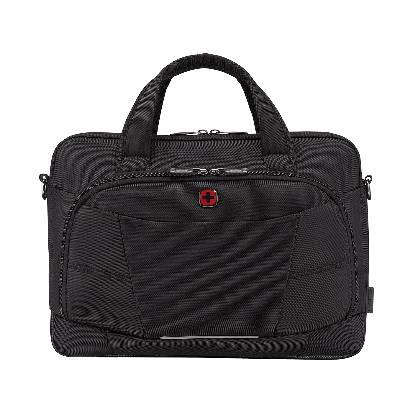 Black laptop bag with handle and red logo, perfect for carrying devices and essentials.