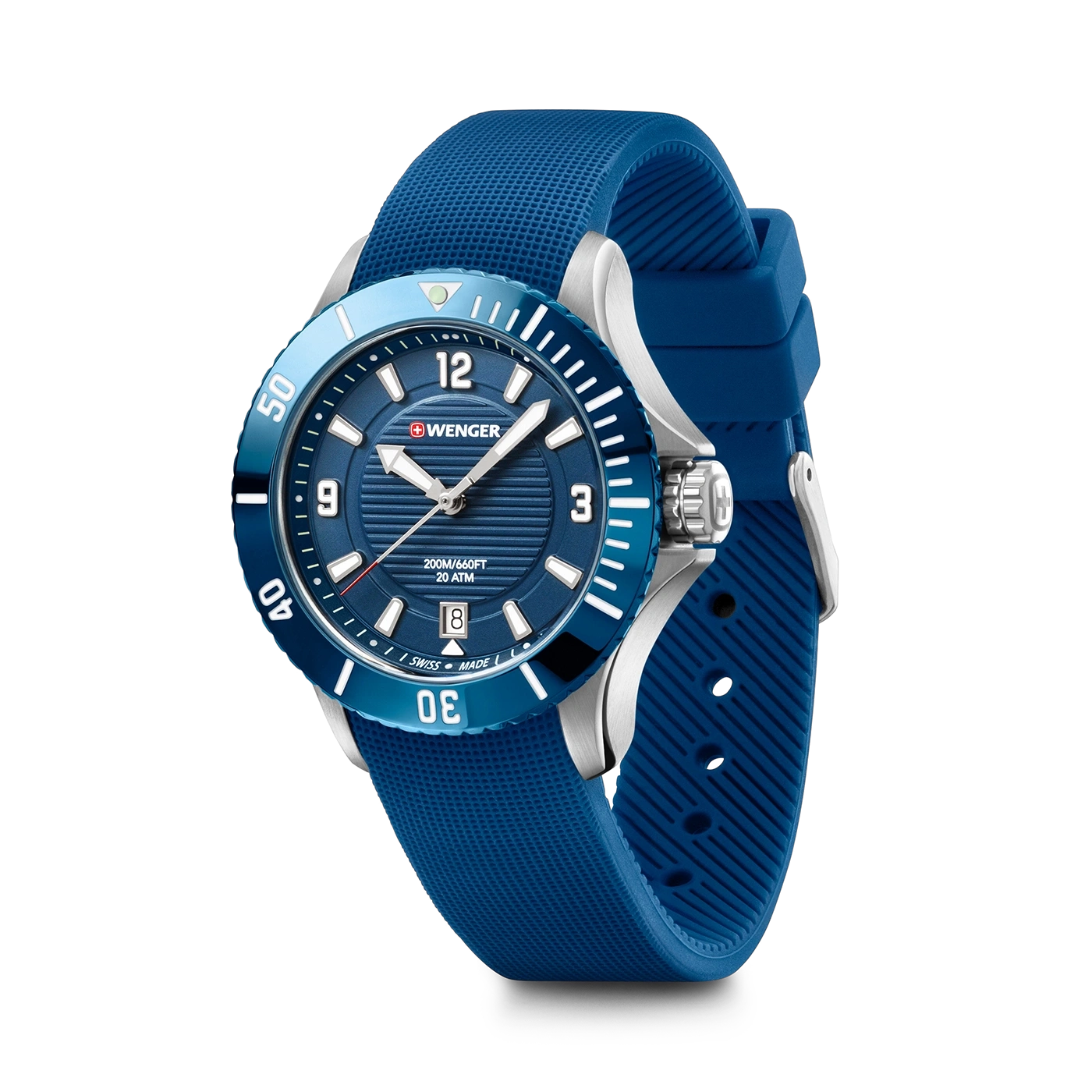 Blaue Wenger-Uhr mit blauem Armband, schwarzem Hintergrund, Detailaufnahme.