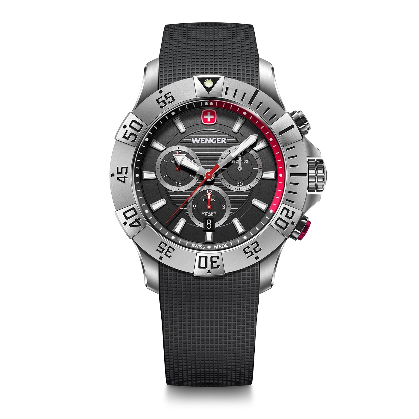 Wenger Uhr, schwarz, rot, silber, Chronograph, Swiss Made, 20 ATM, Herrenuhr, Armbanduhr