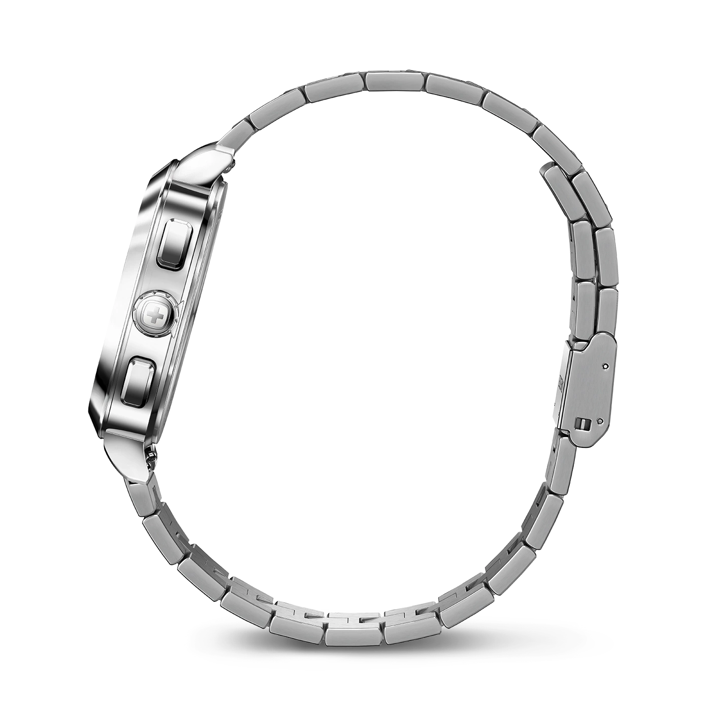 Side view of a silver watch with a metal band, isolated, detailed shot