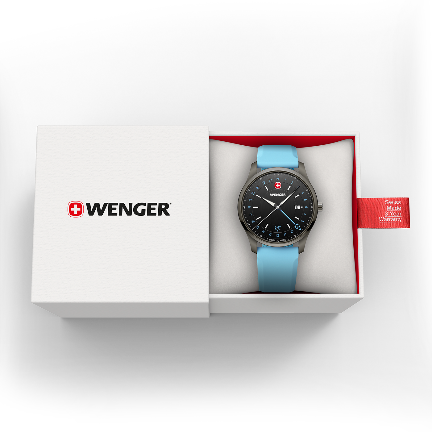 Ein silberner Wenger-Chronograph mit blauem Armband in einer weißen Box mit Garantieanhänger.
