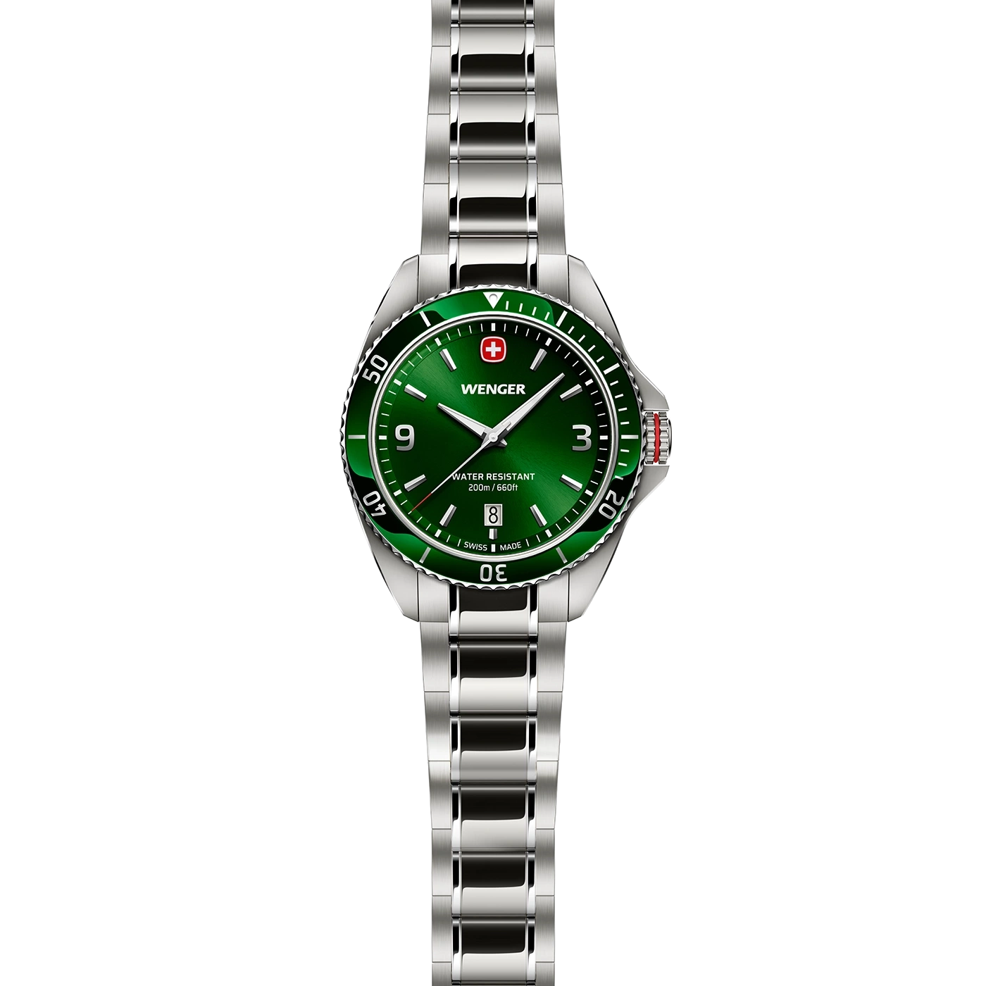 Wenger watch with green face and silver band, Swiss made, water resistant