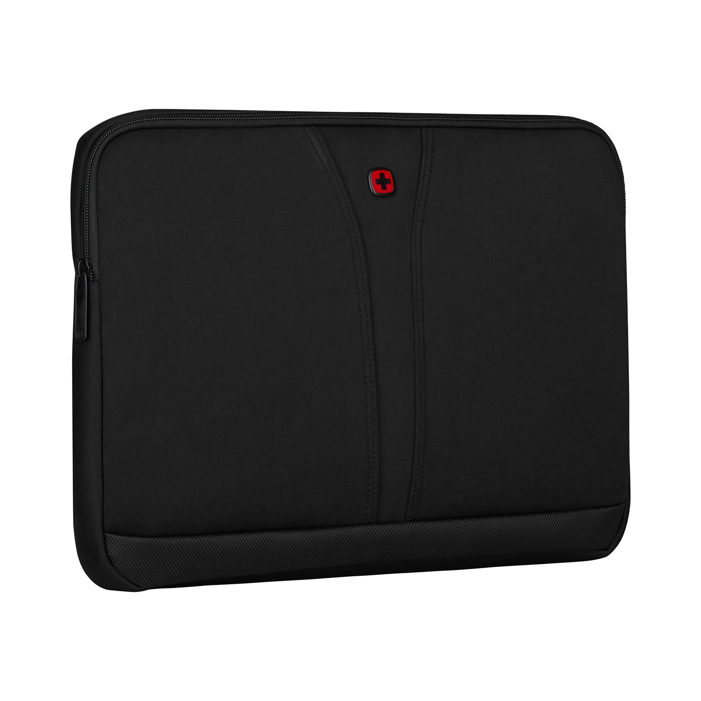 Black laptop sleeve with zipper and red logo on a black background.