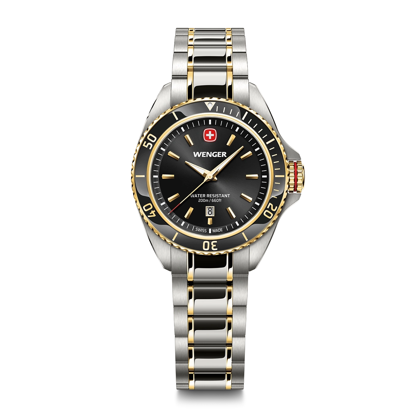 Damenuhr gold-schwarz Ø 34 mm Elegante Quarzuhr, hergestellt in der Schweiz