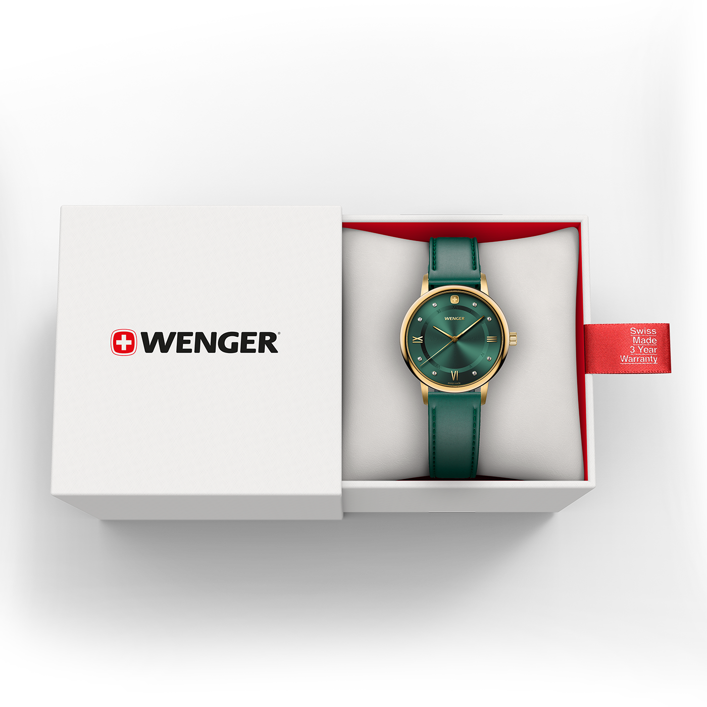 Grüne Wenger-Uhr in einer weißen Box mit Garantieband