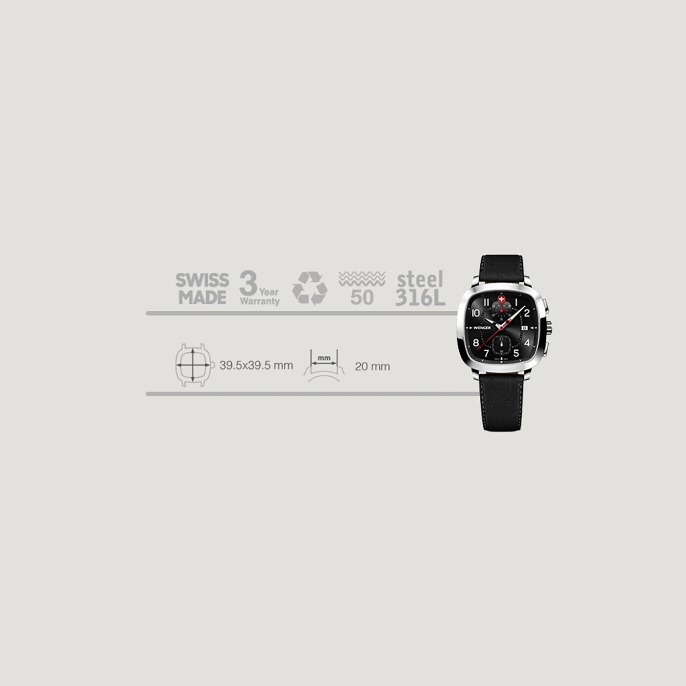 Swiss watch with black dial, steel case, leather strap, 3 year warranty, 39.5x39.5mm.
