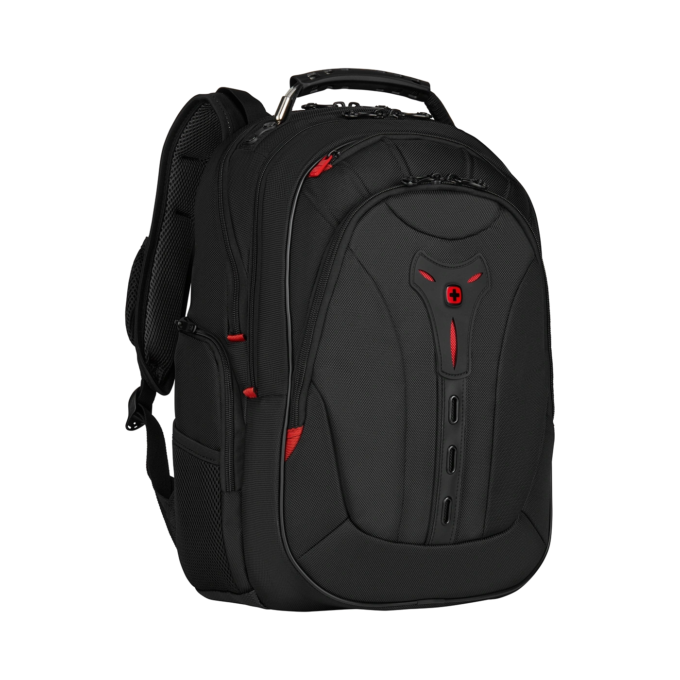 Schwarzer Rucksack mit roten Akzenten und Logo auf schwarzem Hintergrund.