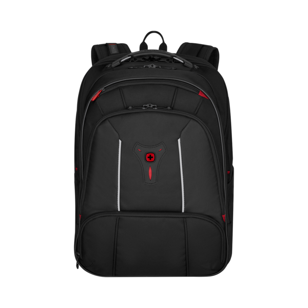 Schwarzer Rucksack mit rotem Akzent und weißem Streifen, isoliert auf Schwarz.