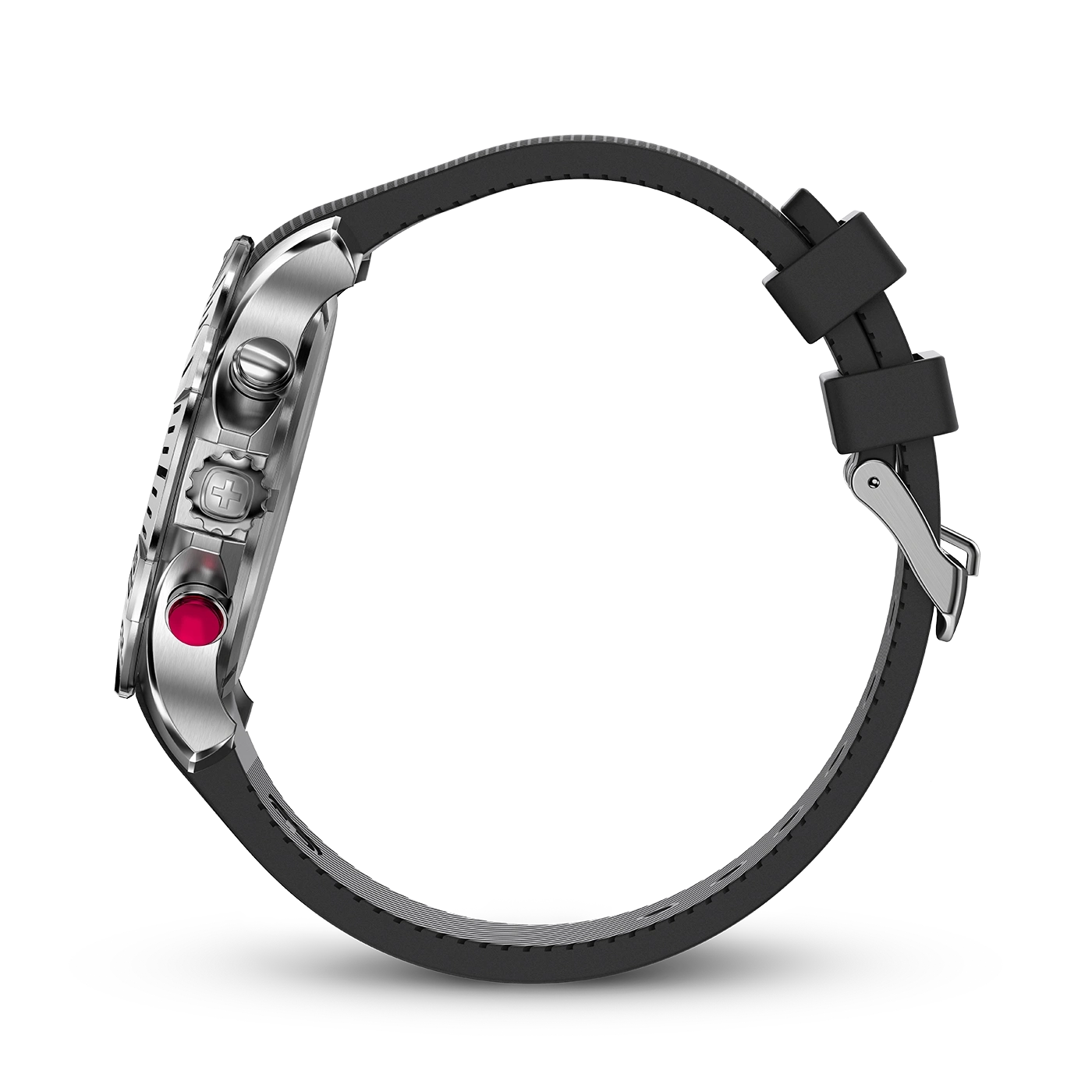 Uhr mit schwarzem Armband, Seitenansicht, silbernes Gehäuse, roter Knopf, Detailaufnahme