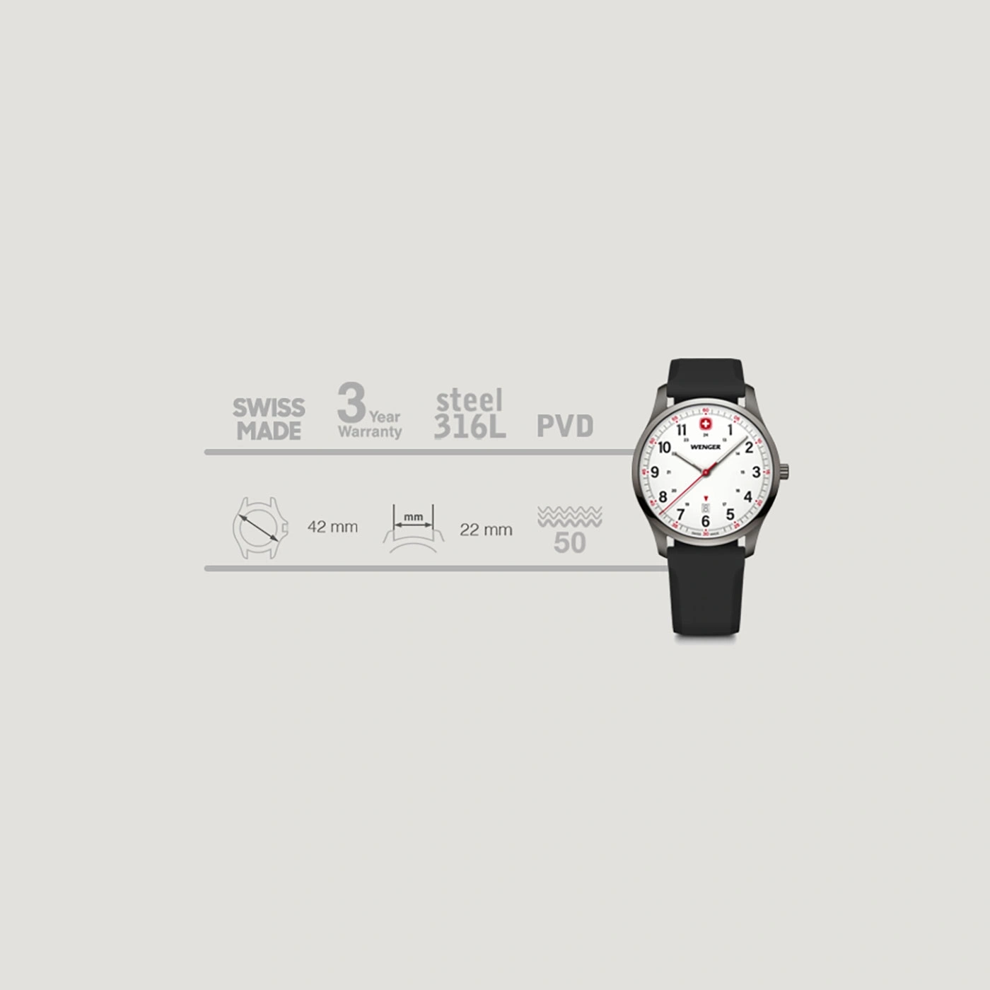 Schweizer Uhr mit schwarzem Armband, 42 mm Durchmesser, Stahlgehäuse, PVD-Beschichtung.
