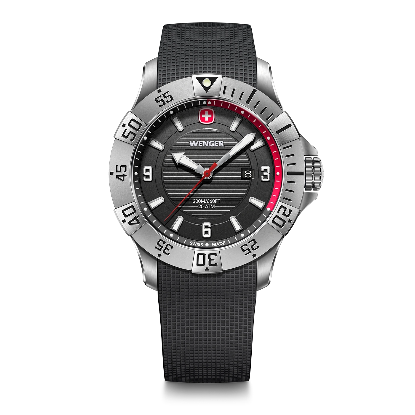 Wenger watch with black dial and red accent, stainless steel case and strap.
