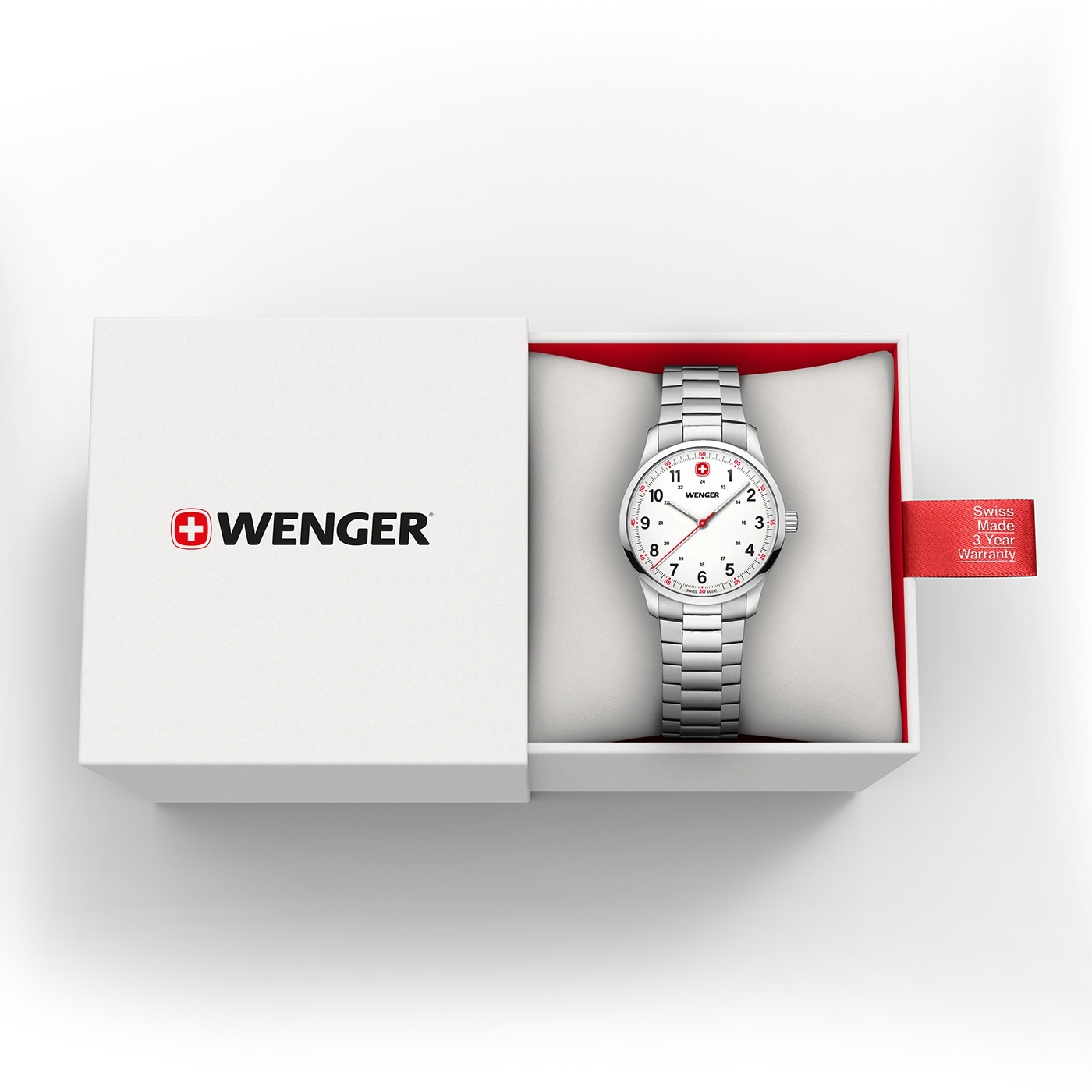 Wenger watch in a box, Swiss made, 3 year warranty, white dial, silver strap