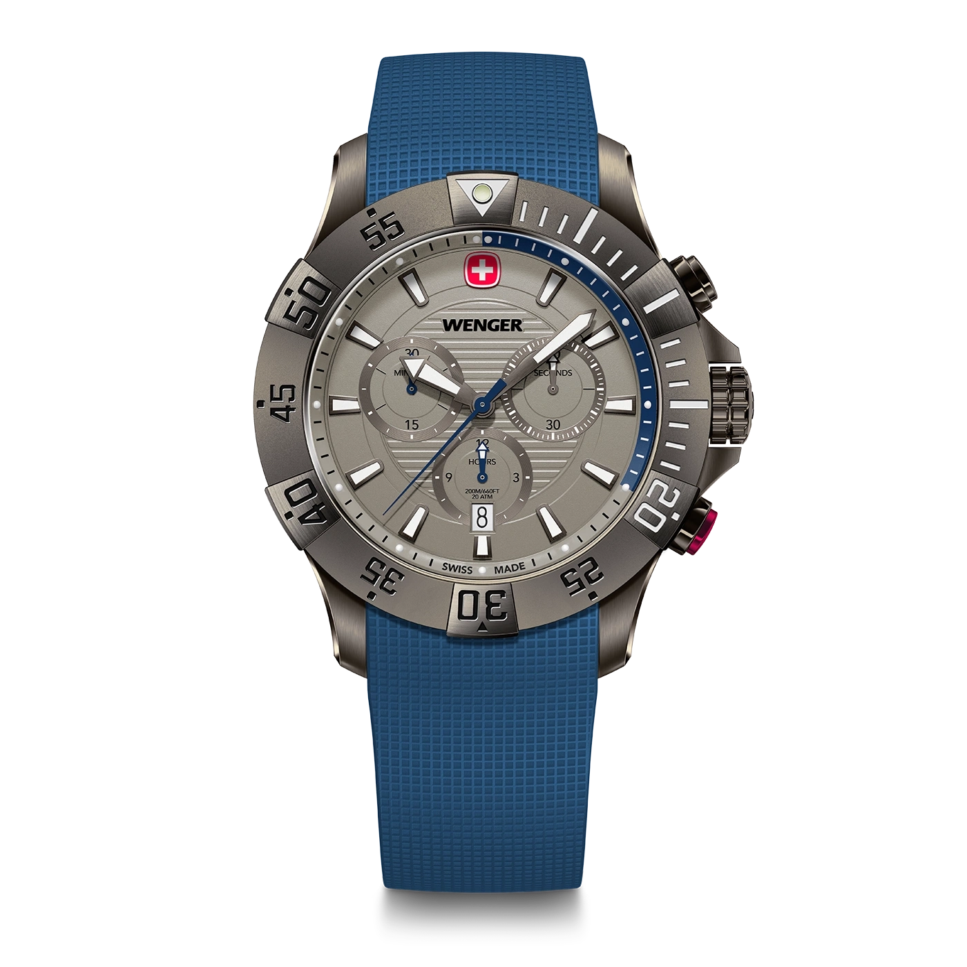 Wenger watch with blue strap and gray dial, Swiss made, chronograph design.