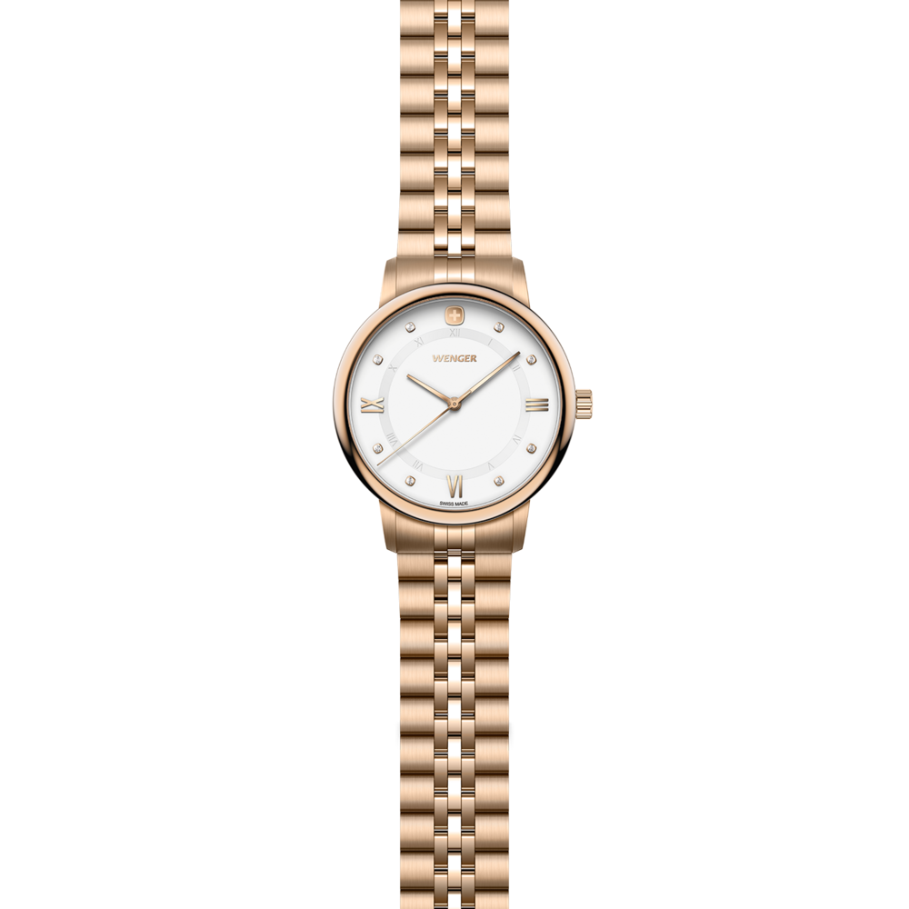 A rose gold Wenger women's watch with a white dial and Roman numerals.