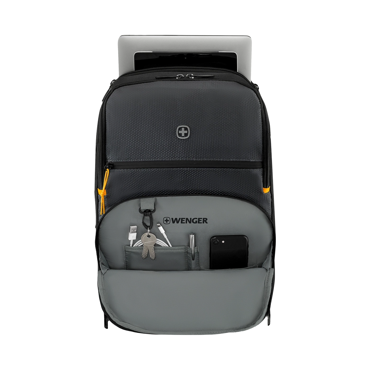 Black backpack with laptop, accessories, and WENGER logo.