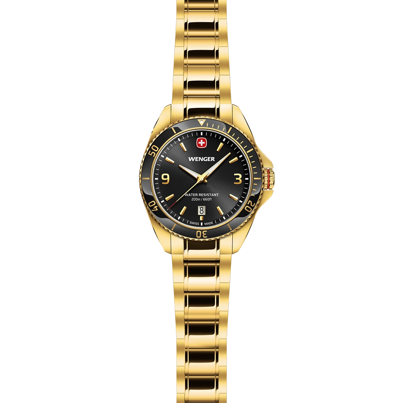 Gold Wenger watch with black dial, date display, and water resistance features.