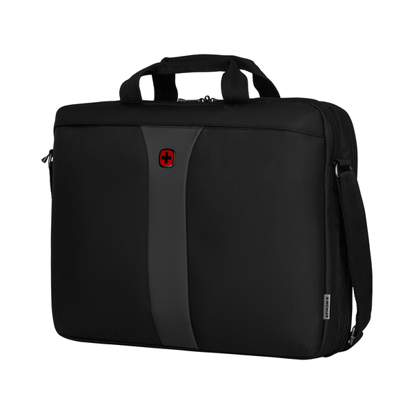 Schwarze Laptoptasche mit rotem Logo und Schultergurt, Wenger