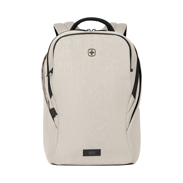 Beige Rucksack mit schwarzem Reißverschluss und Logo, isoliert auf weißem Hintergrund.