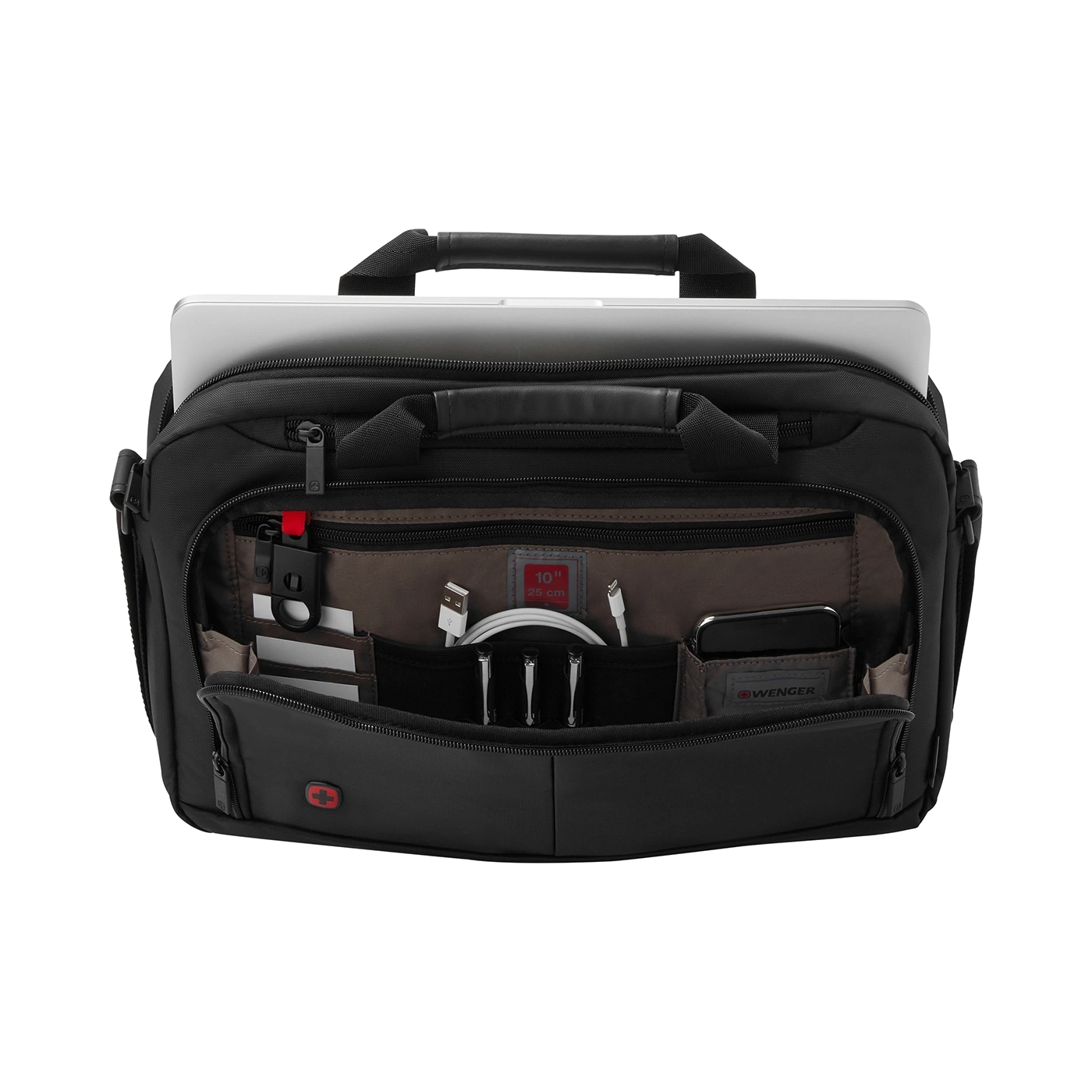 Black laptop bag with accessories and open compartment, top view.